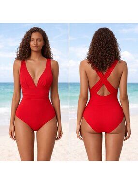 Large Red V Neck Cross Back Tummy Control One Piece Swimsuit NWT
